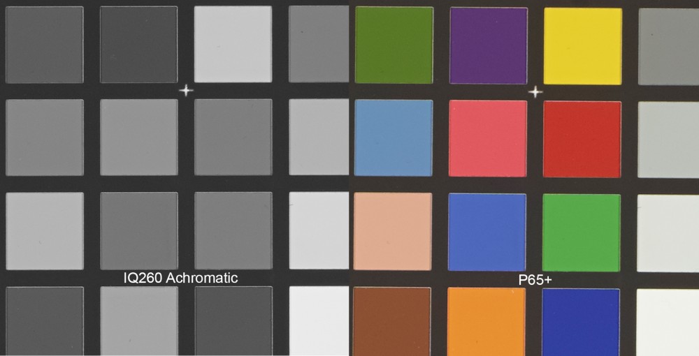 Left: Phase One IQ260 Achromatic ISO 200,   Right: Phase One P65+ ISO 50