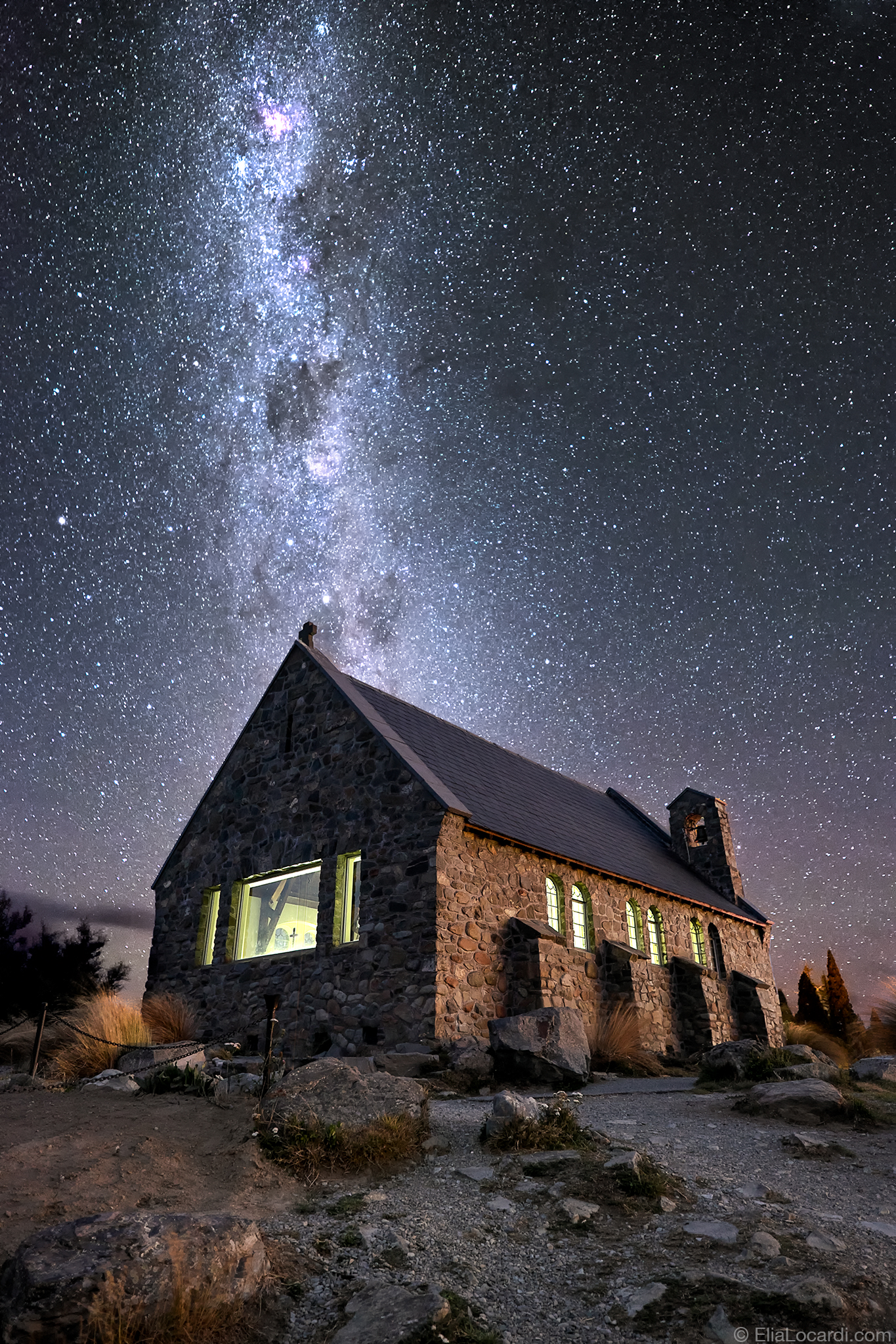 The Milky Way Galaxy dances above the Churh of the Good Shepherd in New Zealand